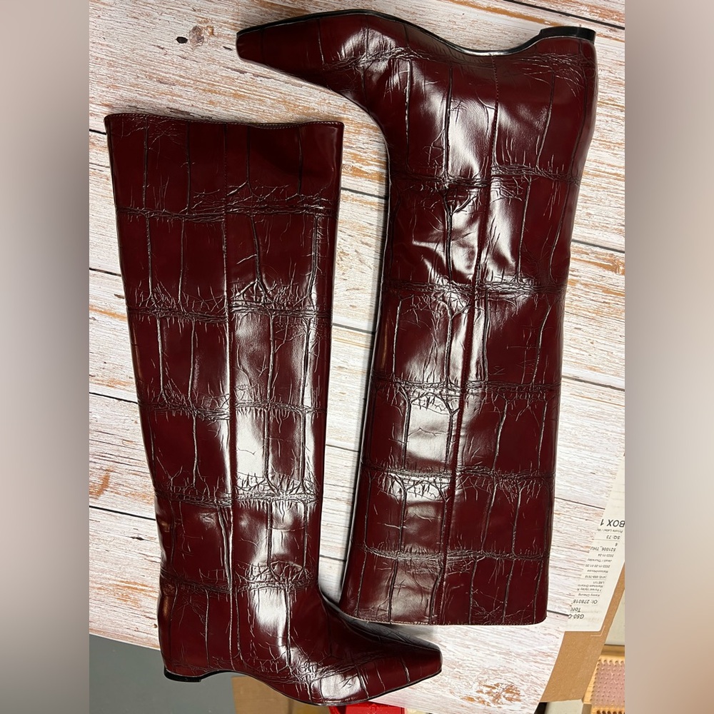 Burgundy Croc-Embossed Knee-High Leather Boots